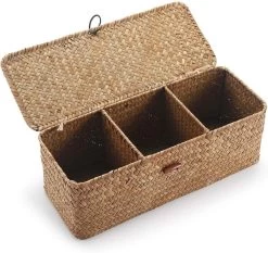 Seagrass Storage Basket With Rectangular Lids Wicker Trunk With Compartment To Organize Toilet Paper