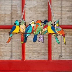 Multicolor Stained Birds Window Hangings Ornament,acrylic Suncatcher Birds On A Wire Window Panel 2