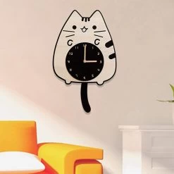 Cat Clocks With Tail And Wooden Eyes, Creative Silent Wall Clock, With Cat Tail Wagging Tail,2024 Ping