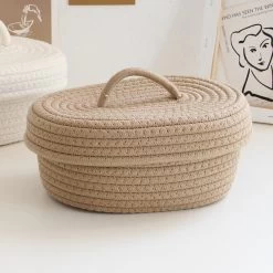 Desktop Storage Box With Lid Handmade Cotton Rope Storage Basket For Makeup Sundries Snack Needles Khaki