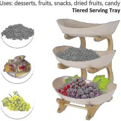 3 Tier Fruit Bowl Set Wooden Fruit Plate Rack With Plastic Trays Snacks Nut Storage Basket Holder(beige)