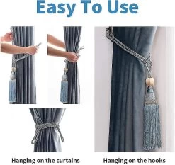 2024 Decorative Curtain Tiebacks Ball Tassels Holdbacks - Home Office Drapery Fasteners Braided Buckle Fringe Ropes, Set Of 2 (blue)