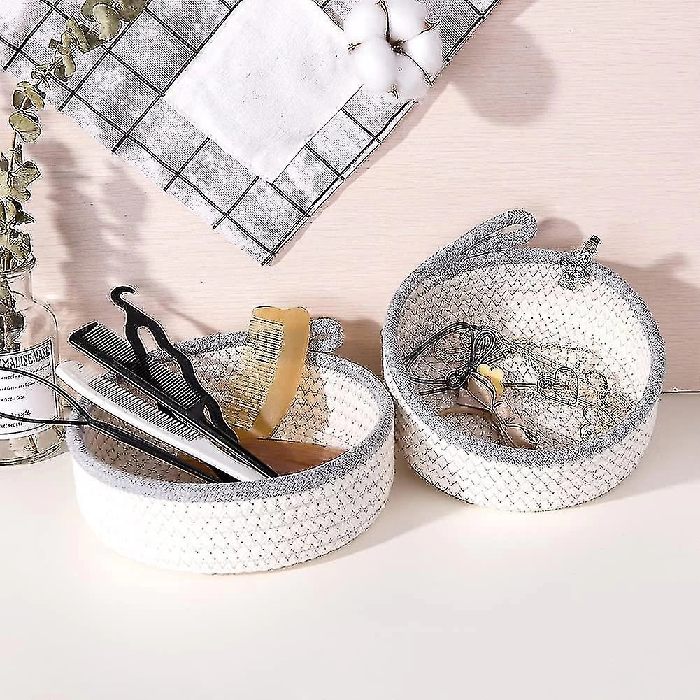 Small Basket Set Of 2 Mini Woven Baskets Round Cotton Rope Basket Little Storage Baskets For Organizing Bins Organizer For Nursery Room Decor Kids Bab - Image 3