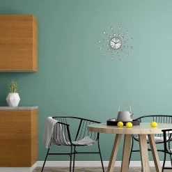 Sunburst Wall Clock Sparkling Bling Metallic Silver Flower Shaped Wall Clock For Living Room Office 3d Removable Modern Creative Decoration