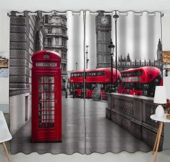Red Buses Phone Box Practical Heat Insulation Shading Window Curtain 130x210 Cm (two Piece)