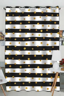 Gold Dots White Black Stripes Practical Heat Insulation Shading Window Curtain 130x210 Cm (one Piece)