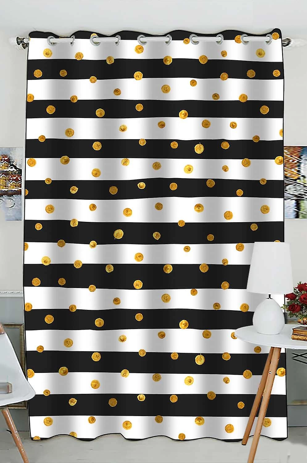 Gold Dots White Black Stripes Practical Heat Insulation Shading Window Curtain 130x210 Cm (one Piece)