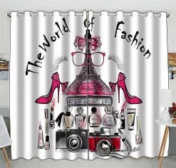 Eiffel Tower Shoes Lipsticks Perfumes Cameras World Practical Heat Insulation Shading Window Curtain 130x210 Cm(two Piece)