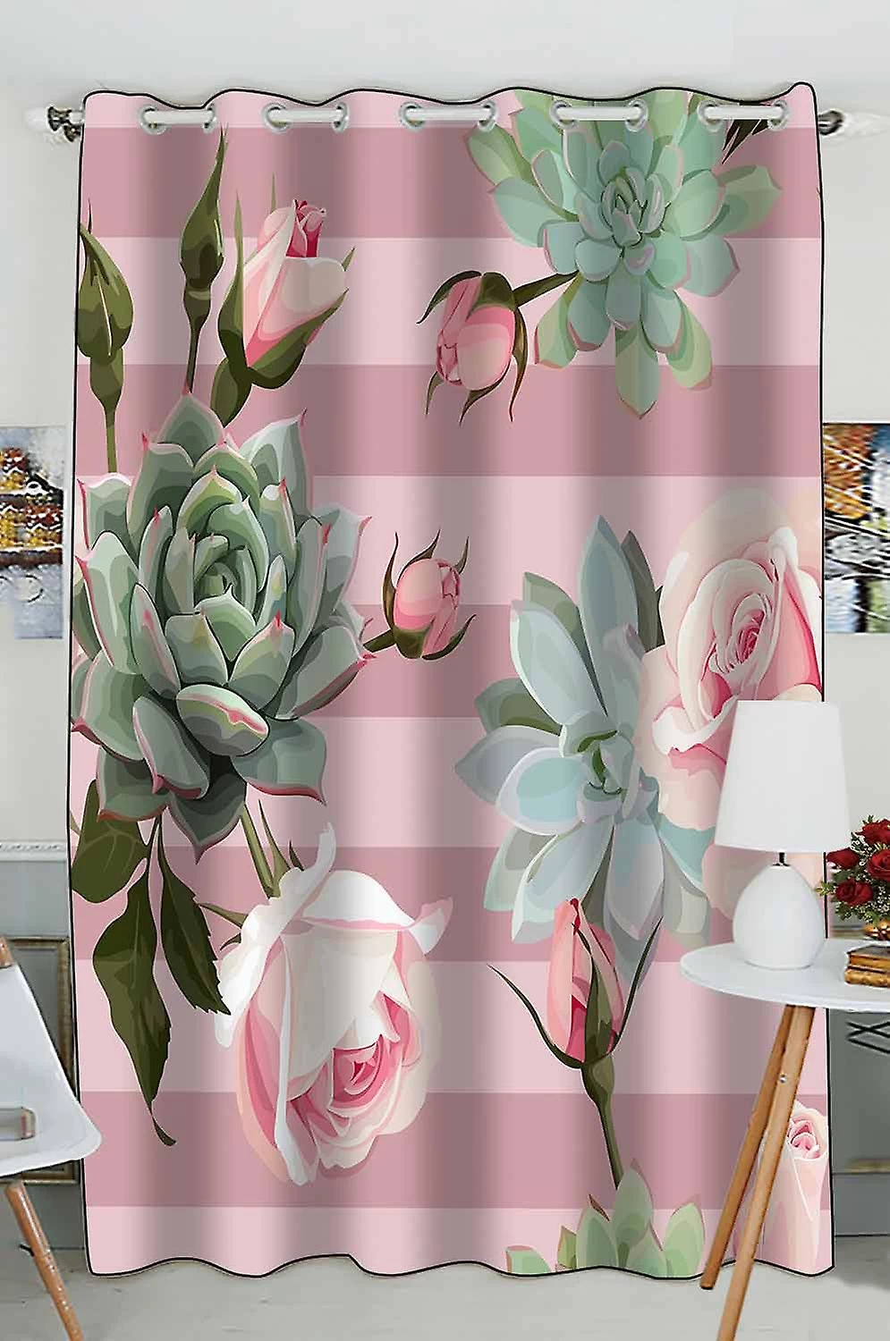 Succulents Roses Floral Ornament With Dusty Pink Stripes Practical Heat Insulation Shading Window Curtain 130x210 Cm(one Piece)