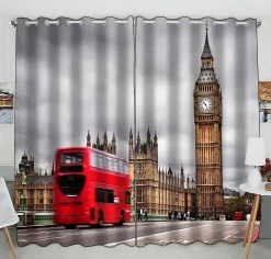 London The Uk Red Bus Big Ben Westminster Palace Practical Heat Insulation Shading Window Curtain 130x210 Cm(two Piece)