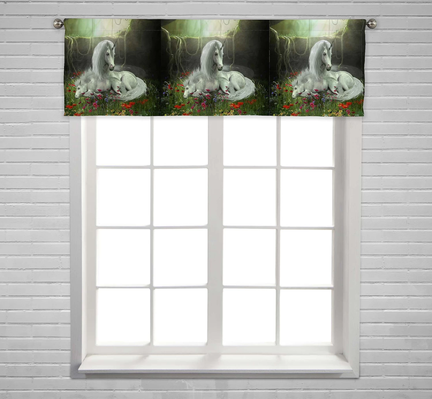 Unicorn Mother Foal Magical Forest Cavern Flowers Window Curtain Valance Rod Pocket 45x130 Cm