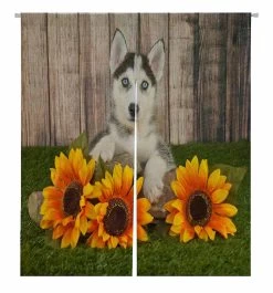 Sweet Husky Puppy Laying Grass Sunflowers Around Her Door Curtain Window Cover Home Decor Hanging Curtain 105x120 Cm