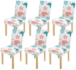 Cute Colorful Elephants And Flowers Stretch Chair Cover Protector Seat Slipcover For Dining Room Hotel Wedding Party Set Of 6