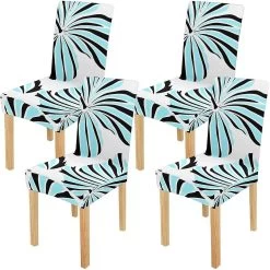 Tropical Hibiscus Flowers In Blue And Black Cols Stretch Chair Cover Protector Seat Slipcover For Dining Room Hotel Wedding Party Set Of 4