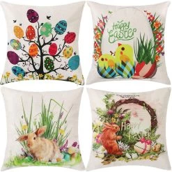 Set Of 4 Pillow Cases Easter Bunny Pattern Invisible Egg Garland Harvest Joy Of The Throw Pillowcase Cover Cushion Case Home Decor 45x45 Cm