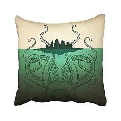 Huge Octopus Monster Attach The City Under The Sea Green And Beige With Hidden Zipper Decor Cushion Covers Two Sides 45x45 Cm