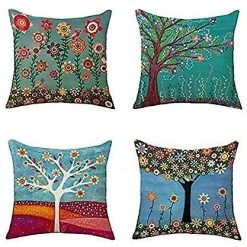 Set Of 4 Pillow Cases Colorful Flowers Tree Retro Ethnic Exotic Throw Pillowcase Cover Cushion Case Home Decor 40x40 Cm