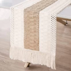 Table Runner Farmhouse Style, Natural Burlap Boho Table Runner Modern Farmhouse Decor Rustic Woven Cotton Crochet Lace For Bohemian, Rustic,bridal, Sh