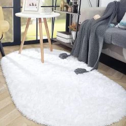 Sunrain Oval Fluffy Rug Carpets, Modern Plush Shaggy Area Rug For Kids White