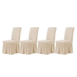 4pcs Ruffled Long Skirts Stretchy Dining Chair Cover For Wedding Party Beige