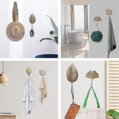 Set Of 7 Decorative Leaves Iron Hooks Extra Large Plant Modern Key Holder Wall Mounted Gold Single Prong Coat Hanger For Hallways, Living Room Gold -