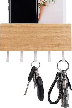 Key Rack With Shelf Wooden Wall Organizer - 5 Key Hooks, Key Holder, Vintage Key