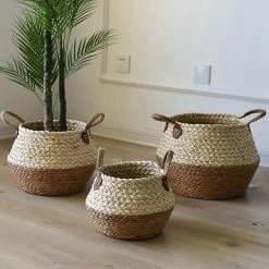 3pcs Straw Corn Rope Storage Basket Laundry Basket Storage Basket Floor Bamboo Basket Sundries Storage Basket