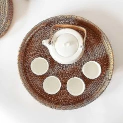 1pc Round Rattan Storage Tray Handwoven Wicker Basket Bread Snack Food Plate|storage Trays(s)