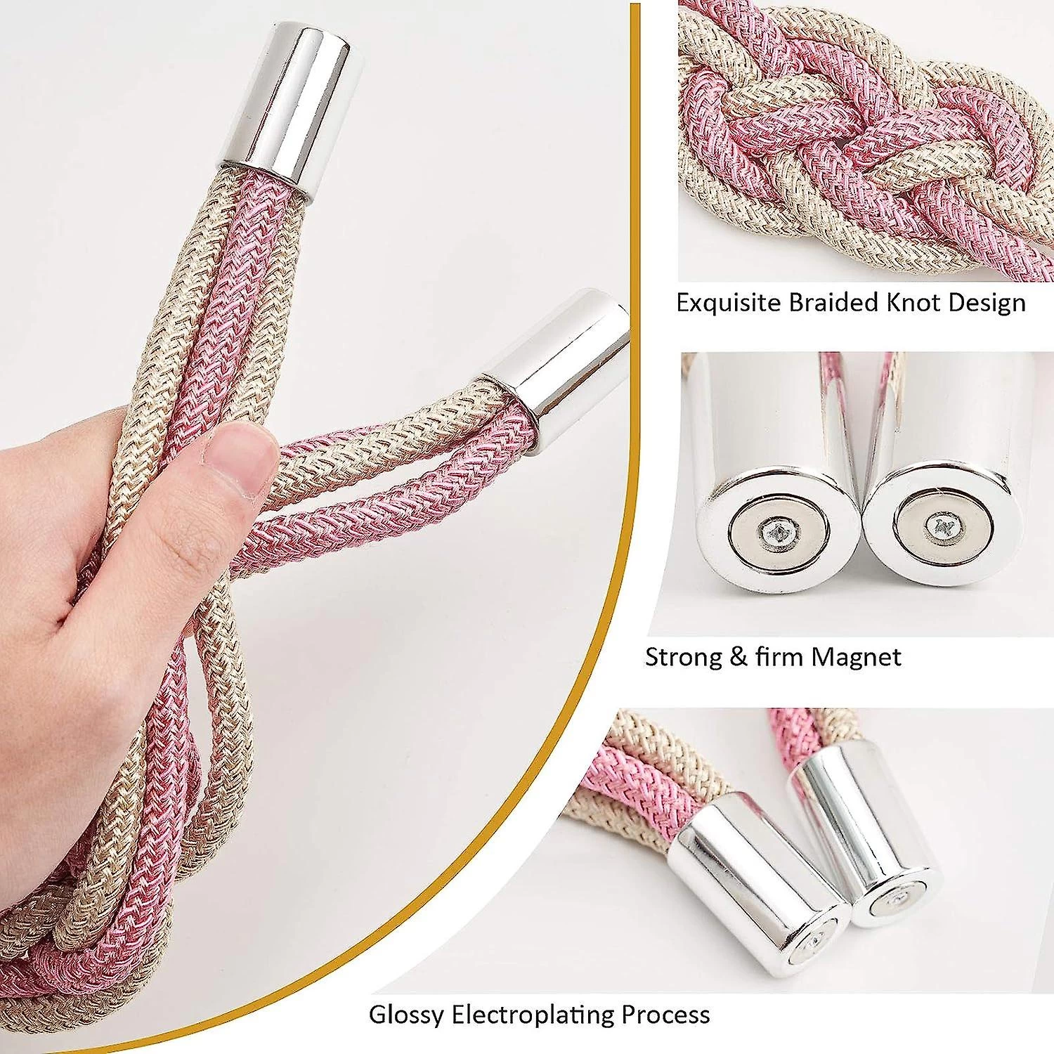 2 Pack Magnetic Curtain Tiebacks, Upgrade Nordic Simple Style Drape Tie Backs With Double Color Weave Rope Knot, Decorative Curtain Holdbacks For Home - Image 3
